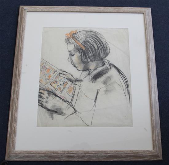 Ruskin Spear (1911-1990) Portrait of a girl reading a comic book 45 x 40cm.